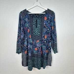 Lucky Brand Floral Boho Top Shirt Tunic Blue Green Keyhole Flowy Peasant Sz 2X